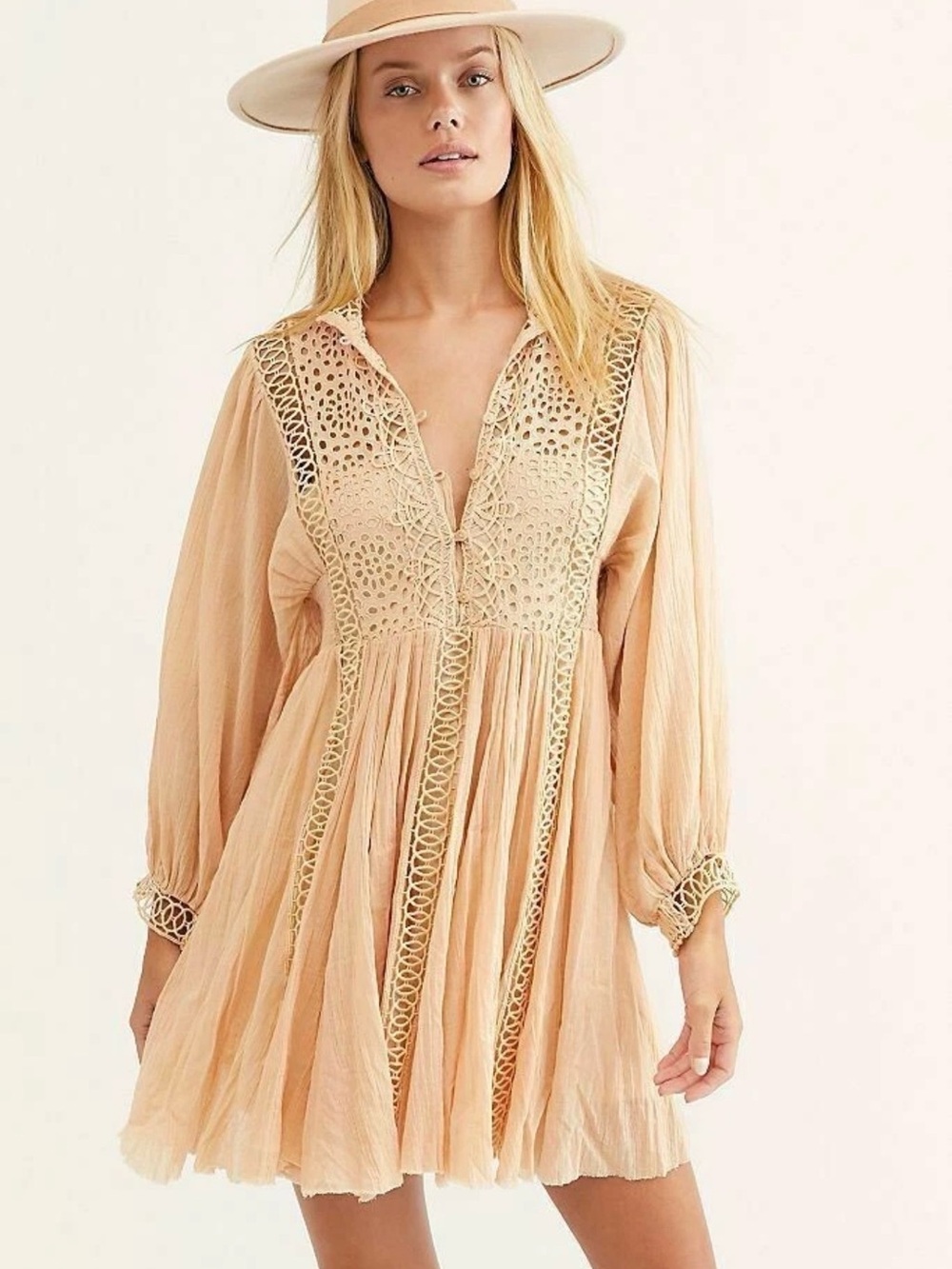 Free People FP One Karma Mini Dress Peach Champagne Lace Boho Gauze Size xs